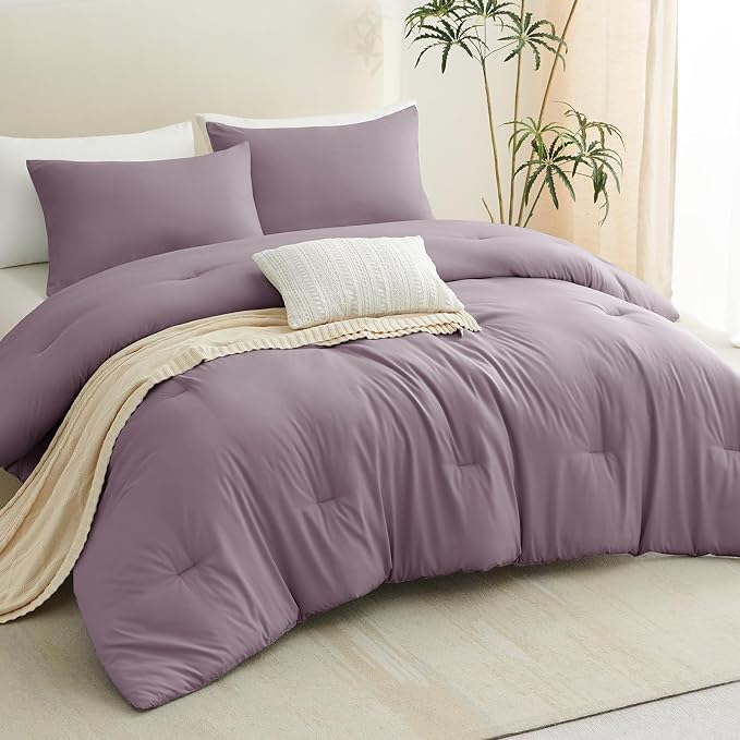 CozyLux Full Size Comforter Set Dusty Purple, 3 Pieces Solid Breathable Bedding - Image 8