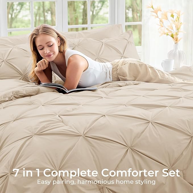 Sasttie King Size Comforter Set, 7-Piece Bed in a Bag, Pintuck Bedding Set - Image 6