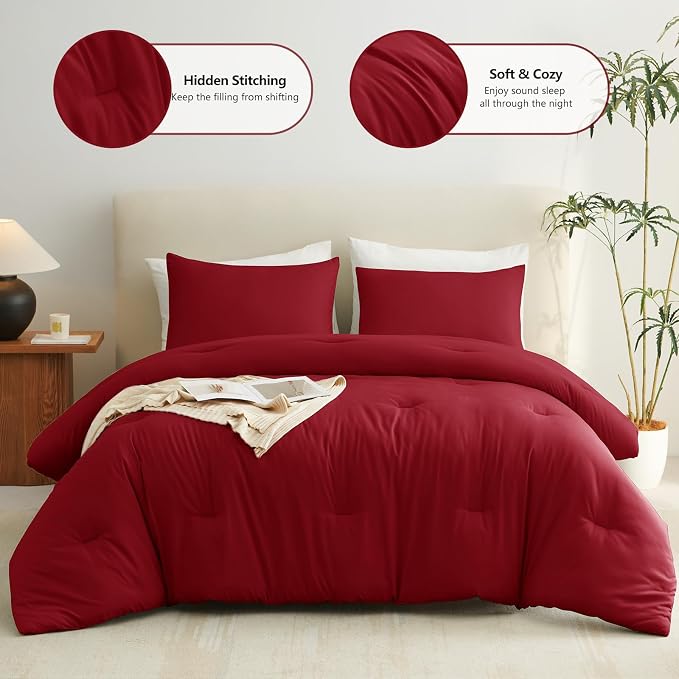 CozyLux Twin Comforter Set Dark Red, 2 Pieces Twin Extra Long Solid Breathable - Image 2
