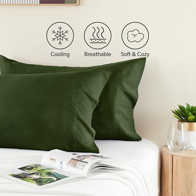 BEDELITE Olive Green Pillow Cases Queen Size Set of 2, Rayon Derived from - Image 4