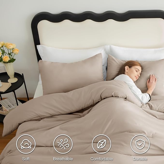 CozyLux King Size Comforter Set Wheat, 3 Pieces Solid Comforters King Size - Image 5
