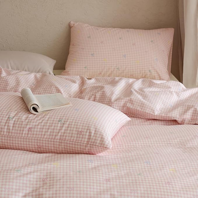 mixinni Gingham Duvet Cover Queen Size, 100% Cotton Light Pink and White - Image 5