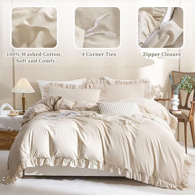 QSH Washed Cotton Duvet Cover King Ruffle Duvet Cover Linen Feel Textured - Image 3
