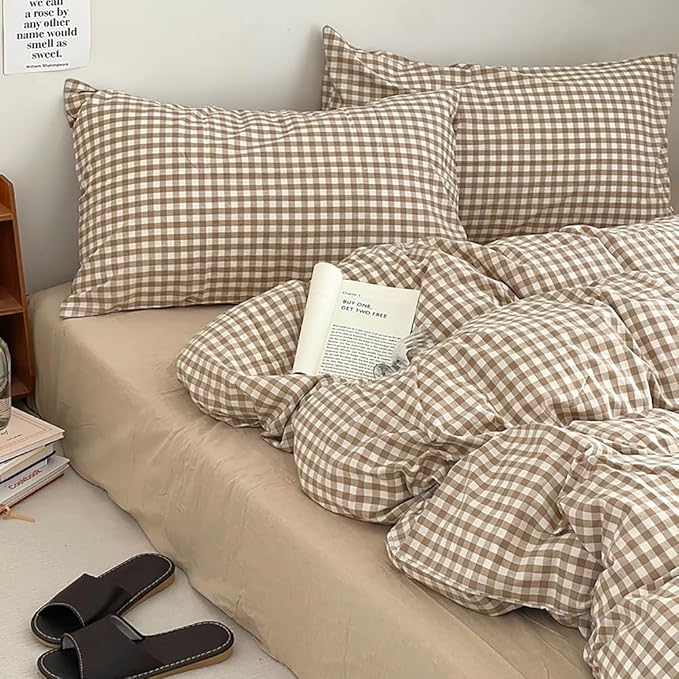 Nayoroom Brown Gingham Duvet Cover Twin Size Tan White Plaid Checkered Duvet - Image 6