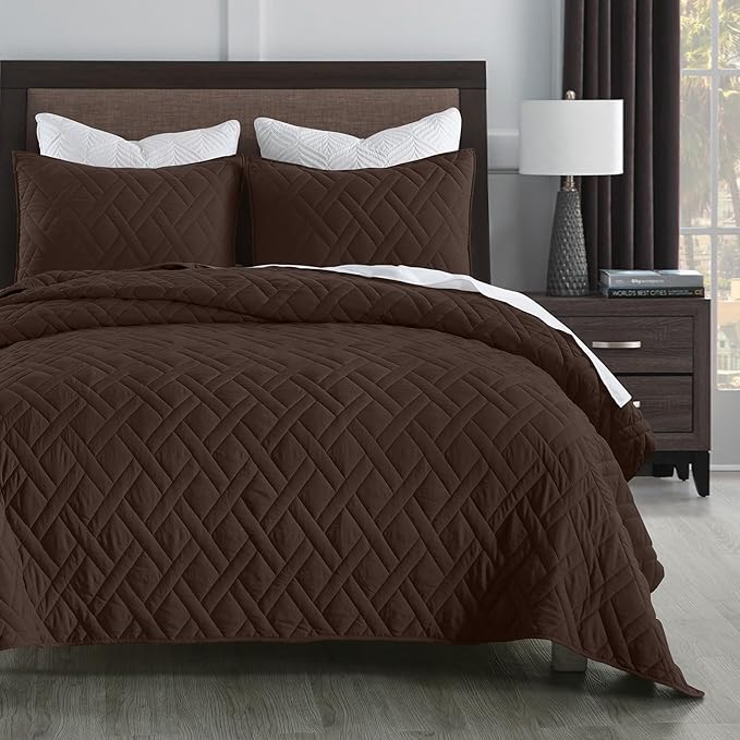 HORIMOTE HOME Quilt Set Twin Size Chocolate, Classic Geometric Diamond Stitched by HORIMOTEHOME