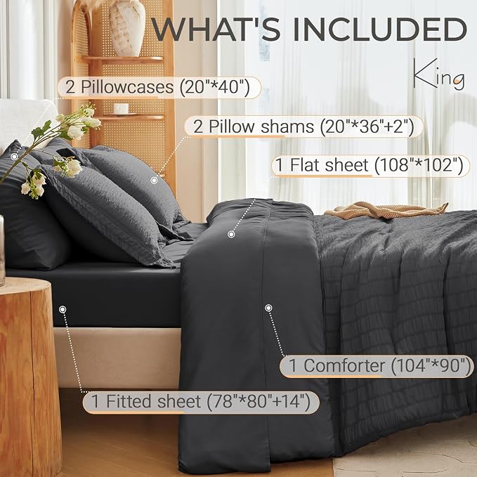 MUXHOMO 7 Pieces King Comforter Set, Seersucker Bed in a Bag King Size - Image 4