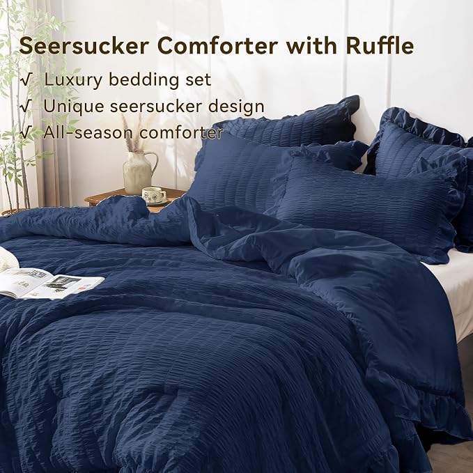 JOLLYVOGUE Navy Blue Comforter Full Size, 3 Pieces Seersucker Lightweight Full - Image 4