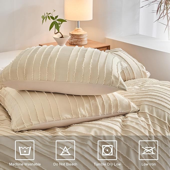 WARMDERN Khaki Boho Duvet Cover Set Queen Size, Striped Textured Tufted Bedding - Image 4
