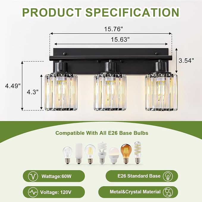 Vanity Light, 3-Light Modern Crystal Black Bathroom Light - Image 2