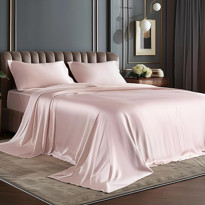 BEDELITE California King Sheets Set, Luxury Soft Pink Satin Sheets by BEDELITE