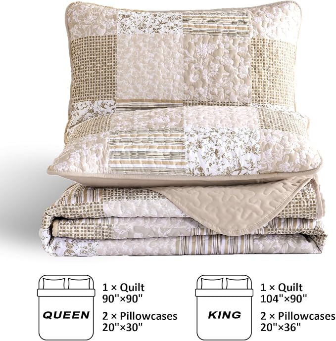 Mybedsoul Beige Boho Quilt Set King Size, 3 Pieces Plaid Floral Bedspread Set - Image 5