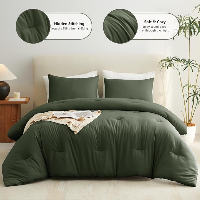 CozyLux King Size Comforter Set Dark Green, 3 Pieces Solid Comforters King Size - Image 2