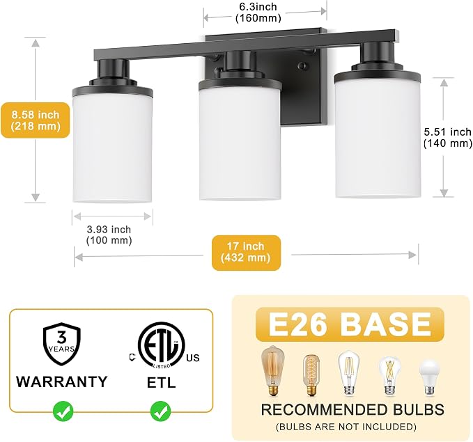 L LOHAS LED Black Bathroom Light Fixtures, 3-Light Vanity Light Over Mirror - Image 3