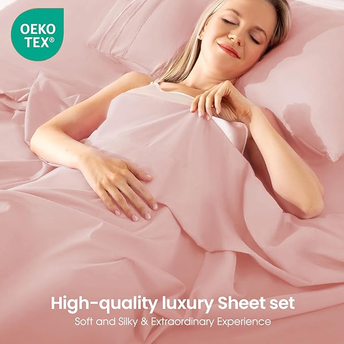 ROSE&RISY Pink Sheet Set, 4 Pieces Soft Bedding Queen Sheet Set, Breathable and - Image 3
