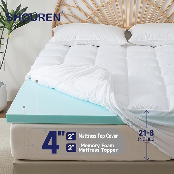 Memory Foam Mattress Topper 2inch+2inch Full, Pressure-Relieving Bed Topper - Image 2