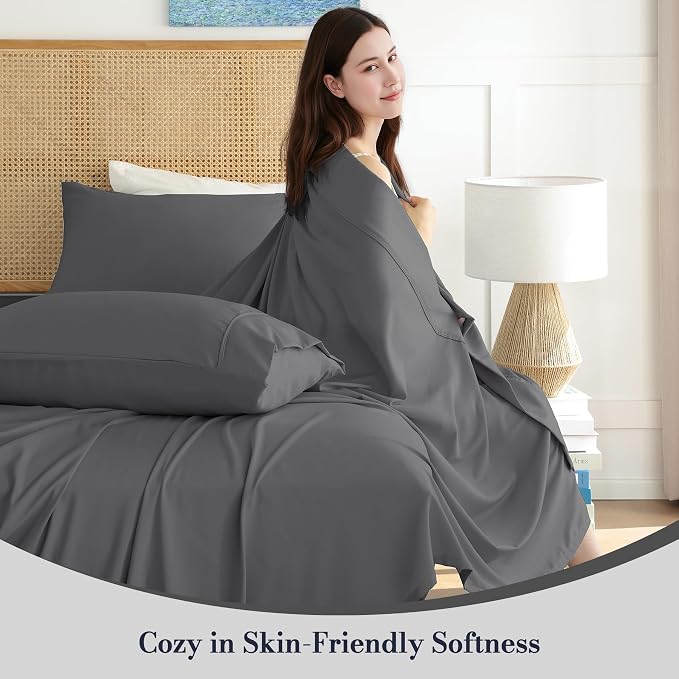 King Sheet Set 4 Piece, Wrinkle Free, Oeko-Tex Certified Bedsheets，Dark Grey - Image 2