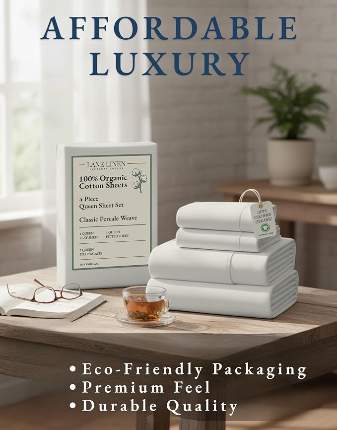 LANE LINEN 100% Organic Cotton Queen Sheet Set, Soft Percale Weave, Deep Pocket - Image 8