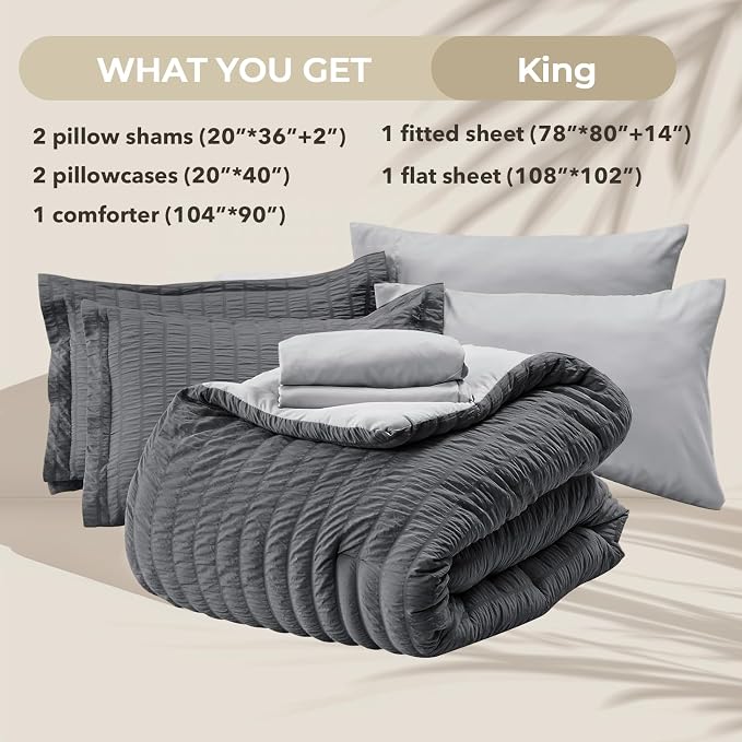 HYMOKEGE Dark Grey/Light Grey King Size Comforter Set Seersucker 7 Pieces - Image 5