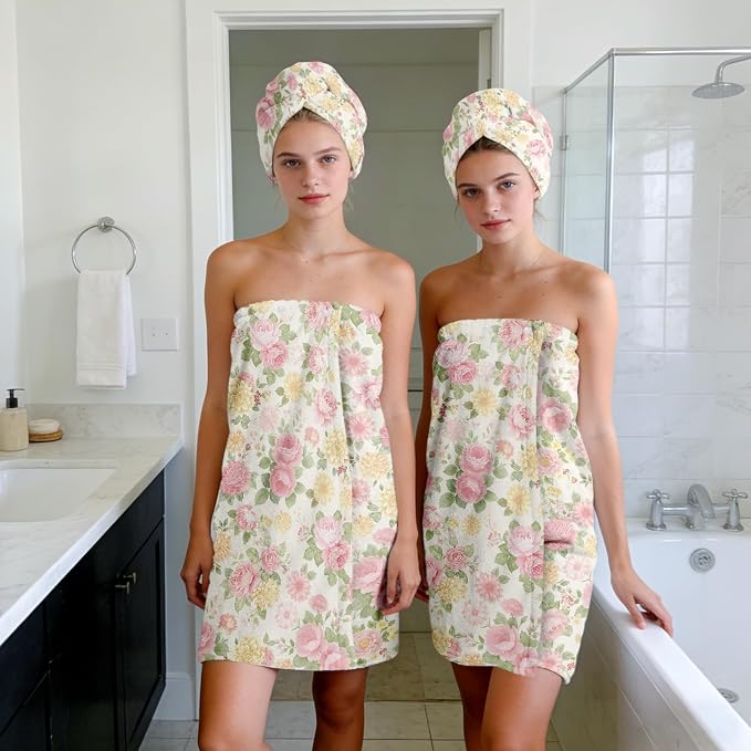 Absorbent Bath Towel Wrap Set for Women, Vintage Flower Print Towel Wrap After - Image 7