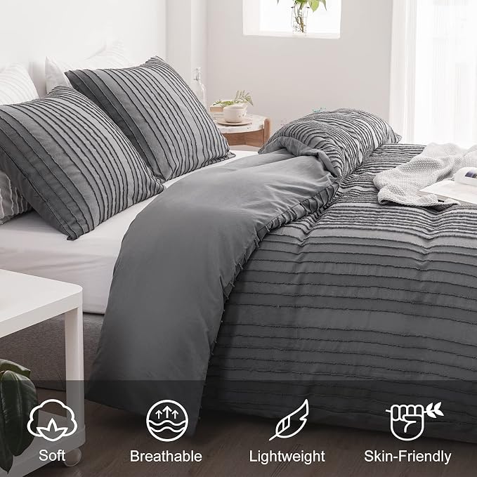 WARMDERN Gray Boho Duvet Cover Set, Striped Textured Tufted Bedding, Twin Size - Image 3