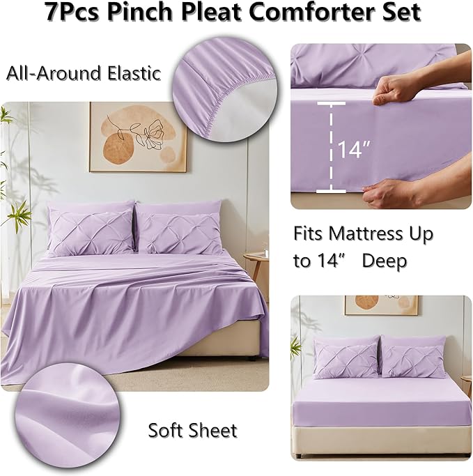 HIMEET Pintuck Bed in a Bag, 7 Pieces Queen Size Comforter Set Lavender - Image 5