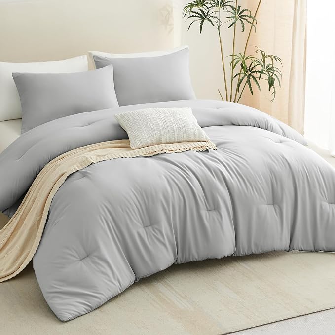 CozyLux King Size Comforter Set Light Grey, 3 Pieces Solid Comforters King Size - Image 9