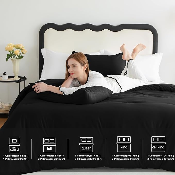 CozyLux Queen Comforter Set Black, 3 Pieces Solid Comforters Queen Size - Image 6