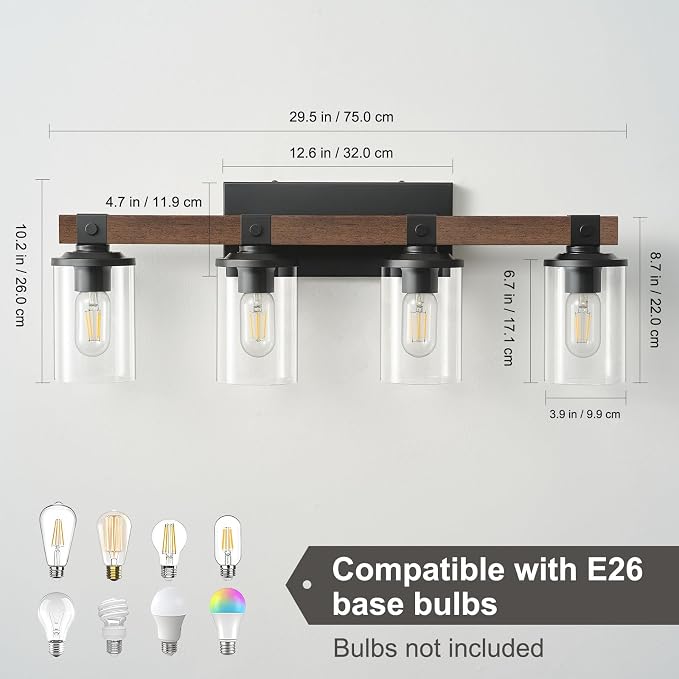 Bathroom Vanity Light Fixtures 4 lights, Wooden Farmhouse Vanity Lights Rustic - Image 3