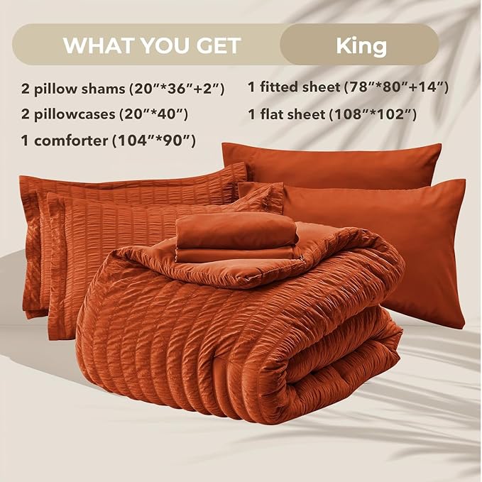 HYMOKEGE Burnt Orange King Size Comforter Set Seersucker 7 Pieces, All Season - Image 5