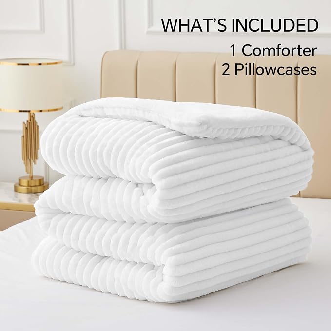 BEDELITE Fleece Full Comforter Set -Super Soft & Warm Fluffy Bright White - Image 6