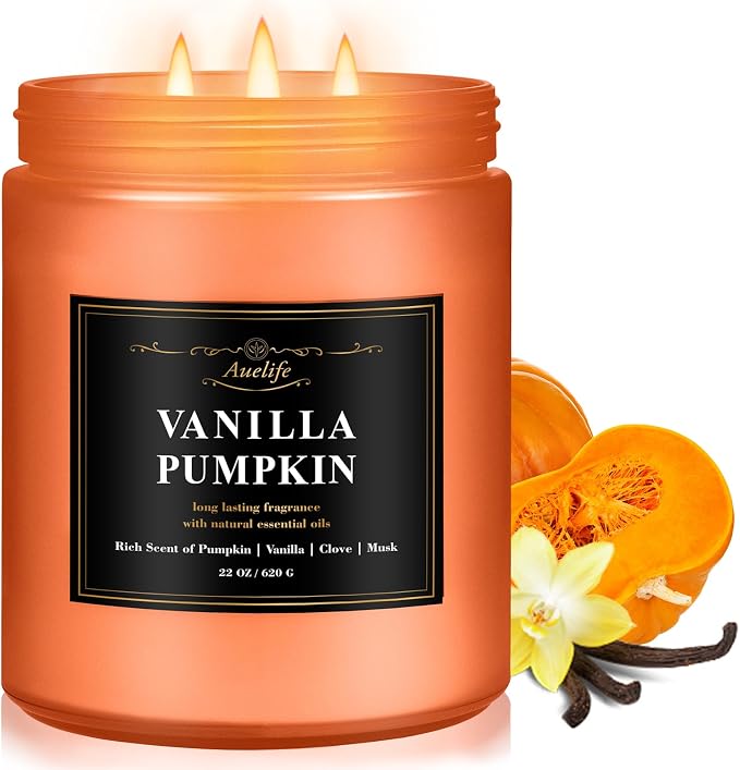 Auelife Scented Candle, Vanilla Pumpkin Candles – 22oz Large 3-Wick Holiday Soy by Auelife