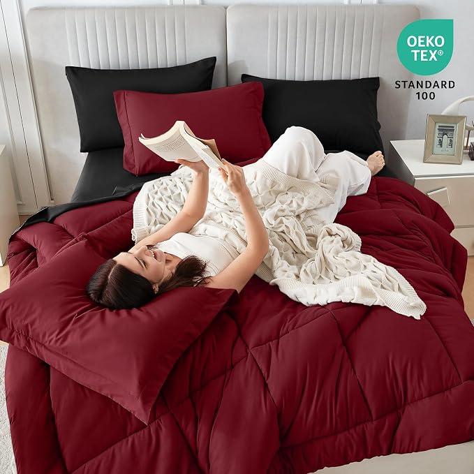 Sasttie Red & Black Full Size Comforter Sets, 7 Pieces Reversible Bed in a Bag - Image 6