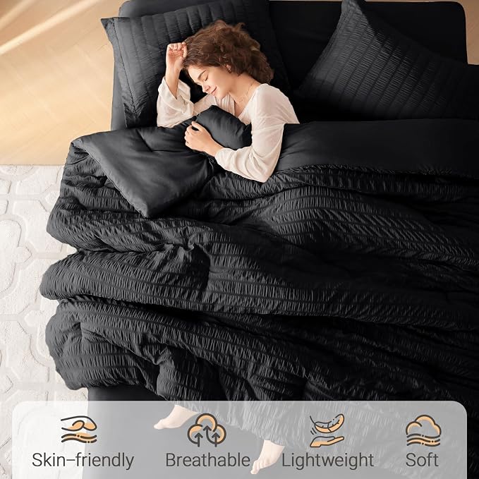 MUXHOMO 7 Pieces King Comforter Set, Seersucker Bed in a Bag King Size - Image 2
