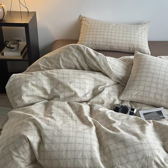 PinkMemory Beige Gingham Duvet Cover Bedding King 100% Washed Cotton Vintage - Image 2