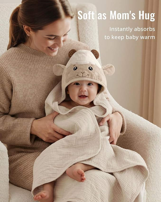 Blissful Diary Muslin Baby Hooded Towel 2 Pack, Soft & Absorbent Bath Towel - Image 4