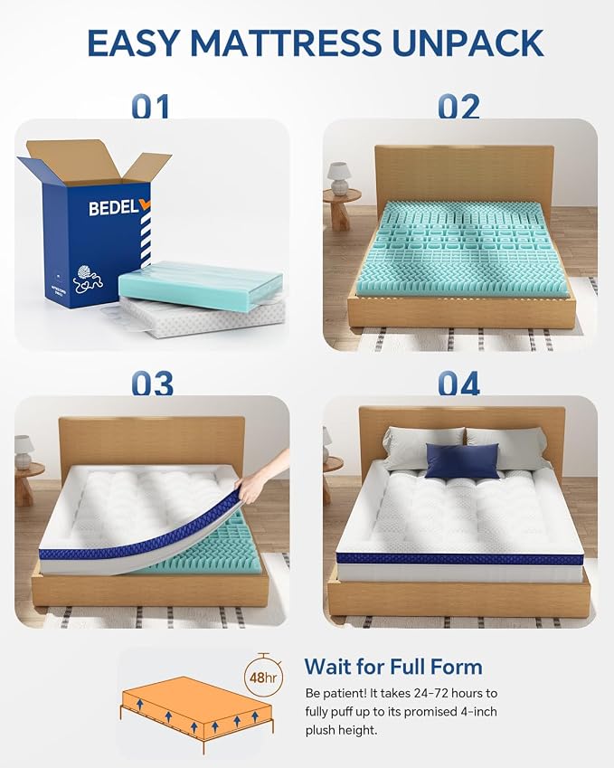 BEDELITE Queen Mattress Topper Dual Layer 4 Inch Memory Foam Mattress Topper - Image 6