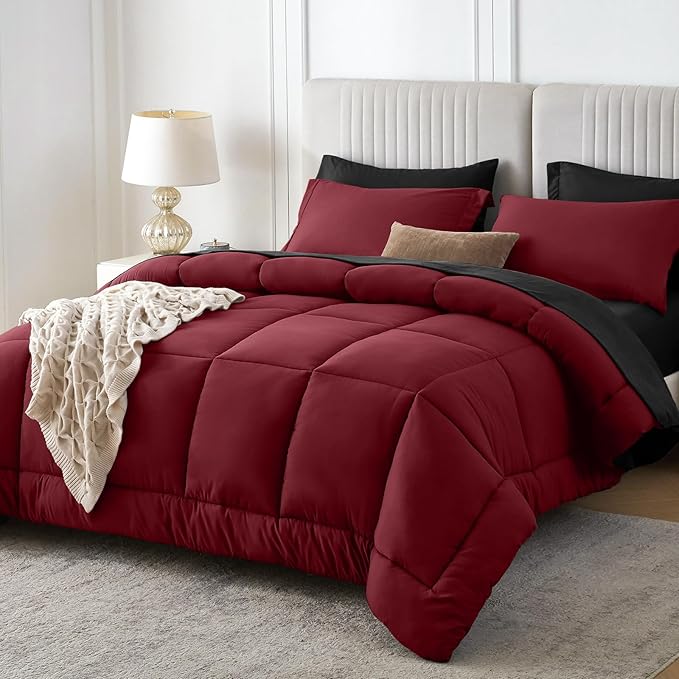 Sasttie Red & Black Full Size Comforter Sets, 7 Pieces Reversible Bed in a Bag by SASTTIE