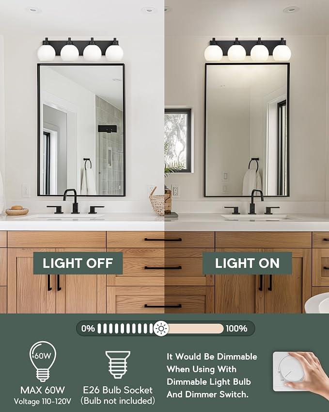 Bathroom Light Fixtures, 4 Light Matte Black Vanity Light, 26 Inch Modern Wall - Image 2