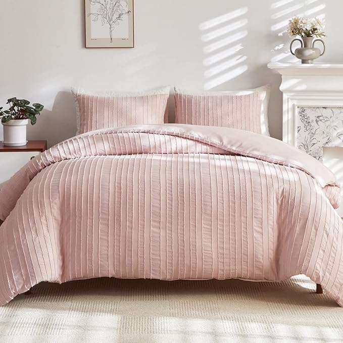 WARMDERN Pink Striped Duvet Cover Set, Boho Textured Tufted Bedding, 2 Piece by WARMDERN