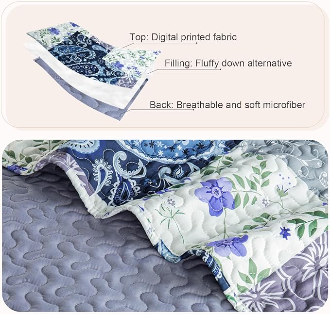 Whale Flotilla Patchwork Quilt Twin Size, Soft Boho Floral Bedspreads - Image 6