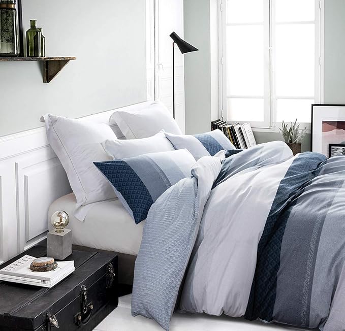 Duvet Cover Set, 600 Thread Count Cotton White and Navy Striped Patchwork - Image 2
