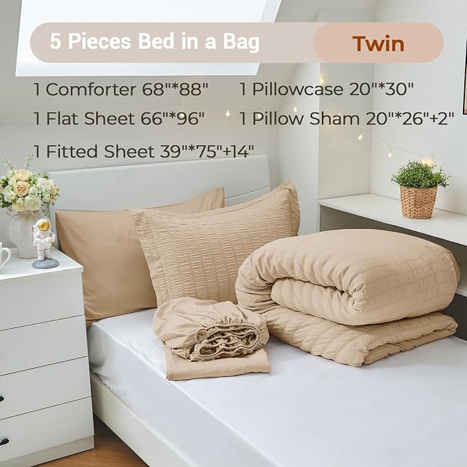 MUXHOMO 5 Pieces Twin Comforter Set, Seersucker Bed in a Bag Twin Size - Image 4