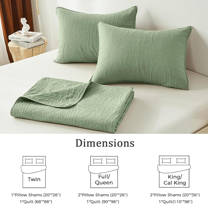 akkialla Quilts Queen Size, Sage Green Ultrasonic Full/Queen Quilt Set - Image 6