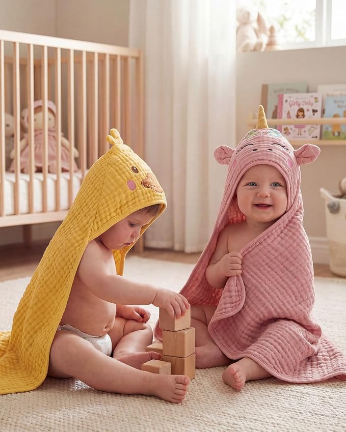 Blissful Diary Muslin Baby Hooded Towel 2 Pack, Soft & Absorbent Bath Towel - Image 7