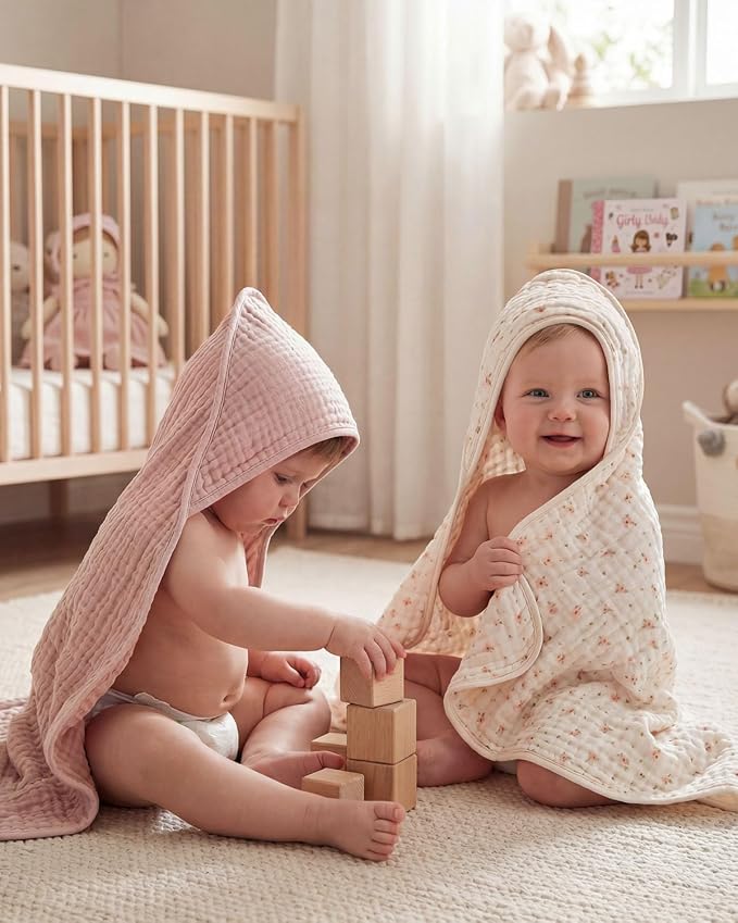 Blissful Diary Muslin Baby Hooded Towel 2 Pack, Soft & Absorbent Bath Towel - Image 7