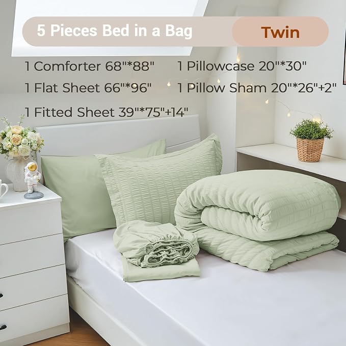 MUXHOMO 5 Pieces Twin Comforter Set, Seersucker Bed in a Bag Twin Size - Image 4