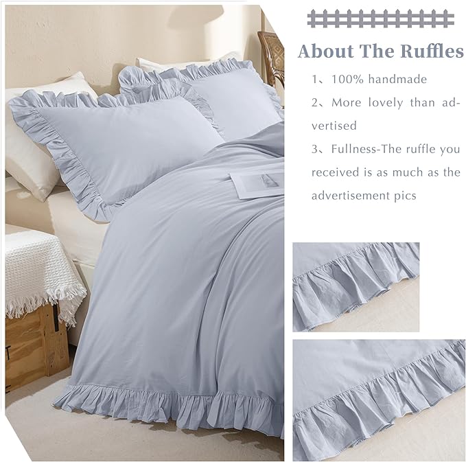 QSH Washed Cotton Ruffle Duvet Cover King Size, 3 Pieces Cornflower Blue - Image 3