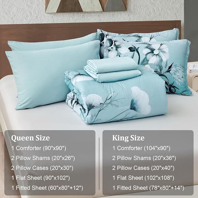 Luxudecor Floral Comforter Set Queen Size 7 Piece, Aqua Flower Bed in a Bag - Image 7