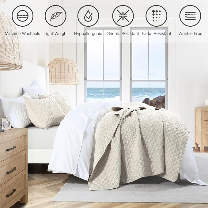HORIMOTE HOME Quilt Set King Size Beige Bedspread, Modern Style Quilted Clouds - Image 3