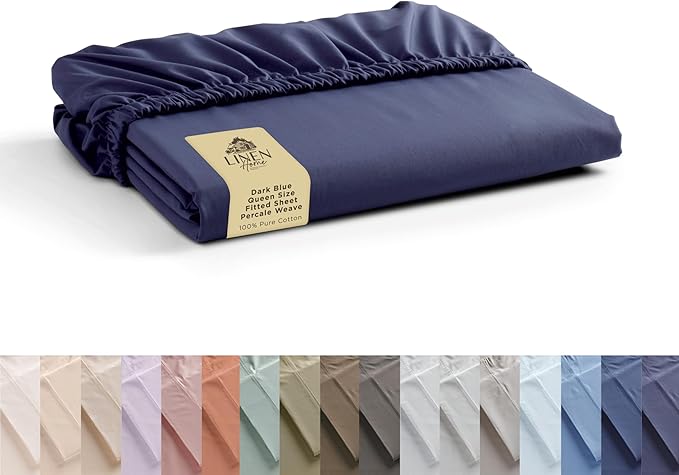 Linen Home 100% Cotton Percale Weave Fitted Sheet, Queen Size, Dark Blue by LINENHOME